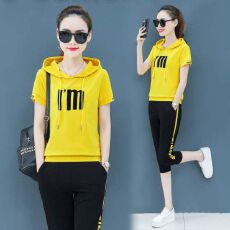 批发直供呢时尚夏装休闲运动服<b class='q'>套装</b>女洋气短袖连帽七分裤两件套