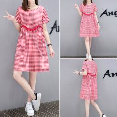 批发<b class='q'>库存</b>足夏装中长款格子娃娃裙大码宽松显瘦小清新A字连衣裙女