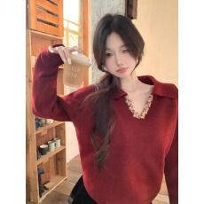 批发新年红法式翻领针织衫2026秋季重工亮片拼接慵懒风<b class='q'>宽松</b>针织<b class='q'>毛衣</b>