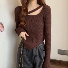 批发法式设计感小众针织衫女秋季外穿不规则百搭修身显瘦打底内搭上衣