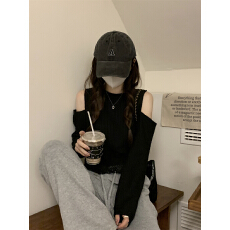 批发秋季2025新款小心机露肩打底衫流苏短款长袖T恤白色上衣女装