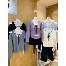 批发小香风系带拼色<b class='q'>V领</b>针织衫女2025秋冬新款时尚设计感百搭慵懒毛衣