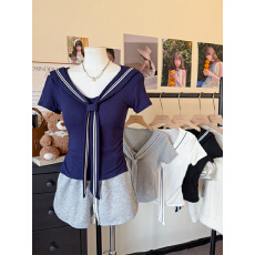 批发韩系<b class='q'>海军风</b>系带短袖T恤女夏季内搭外穿带胸垫修身显瘦高级感上衣