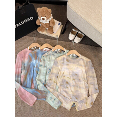 批发水墨画印花t恤女春秋欧货修身薄款长袖网纱打底衫带胸垫防晒上衣