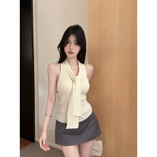 批发【<b class='q'>包</b><b class='q'>芯</b>纱】纯欲吊带蕾<b class='q'>丝</b>拼接挂脖针织衫修身背心吊带无袖上衣女