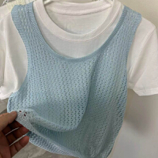 批发【雪花棉】学院风镂空针织衫<b class='q'>背心女</b>两件套夏季百搭时尚抽绳上衣