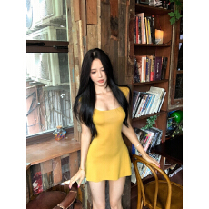 批发【冰爽丝】纯欲风黄色无袖连衣裙女夏季后背<b class='q'>镂空</b>收腰辣妹修身短裙