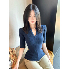 批发【包芯纱】高知感polo领针织衫女夏季穿搭气质v领<b class='q'>中袖</b>修身上衣
