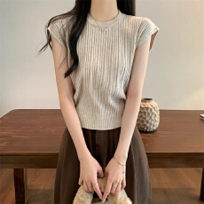 批发【<b class='q'>包</b><b class='q'>芯</b>纱】冰<b class='q'>丝</b>针织衫女夏复古圆领短袖打底设计感小众短款薄上衣