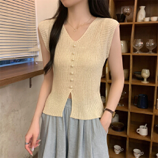 批发【冰爽丝】针织短袖开衫T恤女夏季新款薄款设计感v领小众简约上衣