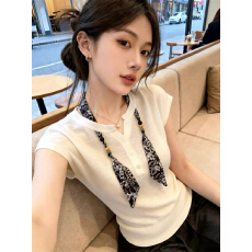 竹节麻洗水老钱风丝巾挂脖针织短袖t恤女夏高级感小飞袖上衣