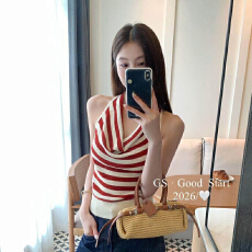 批发【仿<b class='q'>亚麻</b>】夏季韩系甜辣风条纹露背荡领挂脖针织背心女