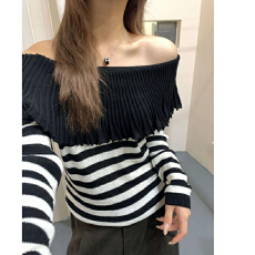 安迪绒洗水韩系温柔风一字肩针织衫女秋季百搭气质上衣