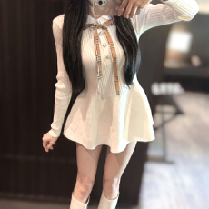 批发【冰爽丝洗水】气质千金风格纹<b class='q'>蝴蝶结</b>翻领修身收腰A摆针织<b class='q'>连衣裙</b>