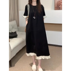 批发官方图 欧货轻奢蕾丝拼接短袖T恤<b class='q'>连衣裙</b>女宽松百搭显瘦洋气减龄