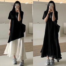 批发官方图 韩版大码女装夏拼接鱼尾摆<b class='q'>连衣裙</b>胖mm遮肉显瘦气质小黑裙