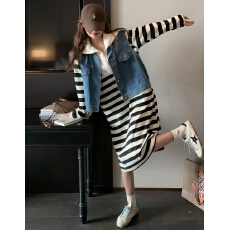 批发官方图 超好看海军领长袖卫衣裙女减龄条纹长款半拉链上衣<b class='q'>连衣裙</b>
