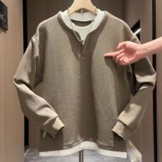 批发春秋新款男士假两件卫衣撞色圆领痞帅高级宽松长袖打底衫上衣潮