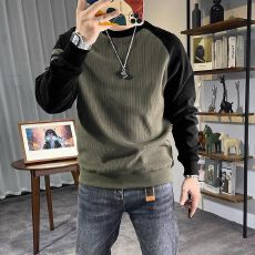 批发圆领秋<b class='q'>冬</b>新款男士加厚竖条拼接长袖时尚套头卫衣百搭美式宽松上衣