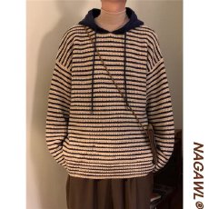 批发2025春秋ins慵懒风长袖条纹连帽毛衣秋冬宽松针织衫外套