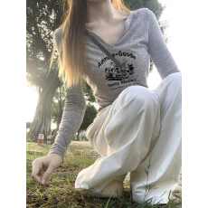 批发 210克40支纯棉螺纹1*1 V领正肩长袖t恤女修身显瘦上衣
