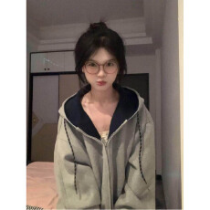 批发仿棉华棉复牛奶丝/超柔 撞色拼接连帽<b class='q'>卫衣</b><b class='q'>女</b>开衫拉链外套