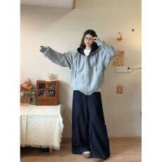 批发仿棉华棉复牛奶丝/超柔 撞色拼接连帽<b class='q'>卫衣</b><b class='q'>女</b>开衫拉链外套