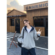 批发仿棉华棉复牛奶丝/超柔 撞色拼接连帽<b class='q'>卫衣</b><b class='q'>女</b>开衫拉链外套