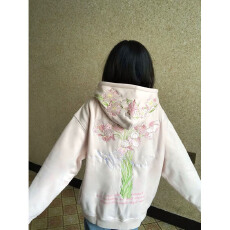 批发仿棉华棉复牛奶丝/超柔有内抽花卉刺绣连帽<b class='q'>卫衣</b>宽松外套