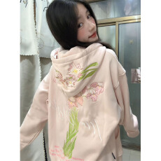 批发仿棉华棉复牛奶丝/超柔有内抽花卉刺绣连帽卫衣宽松外套