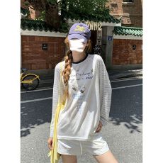 批发165克雪花棉 撞色拼接条纹长袖t恤女宽松防晒罩衫<b class='q'>上衣</b>