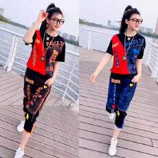 批发2026<b class='q'>夏</b>季新款短袖拼接网红套装女气质时尚洋气显瘦大码炸街两件套