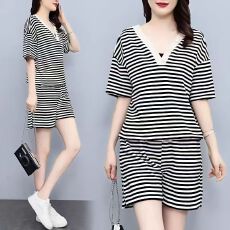 批发双面可穿 <b class='q'>夏</b>季新款韩版宽松条纹蝴蝶结短袖t恤裤子两件套大码女装