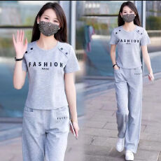 批发纯色休闲运动<b class='q'>套装</b>女夏季2026新款<b class='q'>妈妈</b>装时尚短袖长裤跑步服两件套