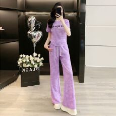 批发浅蓝色扎染时尚减龄休闲运动套装女2026夏季新款短袖阔腿裤两件套