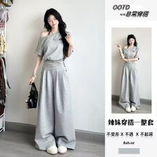 批发2026夏韩系休闲运动套装女短款收腰斜肩上衣高腰阔腿裤两件套