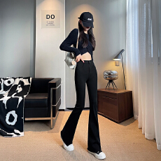 批发秋季新款高腰毛边微喇叭裤子马蹄裤<b class='q'>显瘦</b>显高弹力黑色女裤