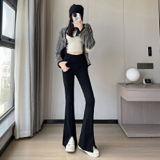 批发5891秋季新款高腰微喇叭女裤子开叉简约松紧腰长裤弹力<b class='q'>显瘦</b>显高潮