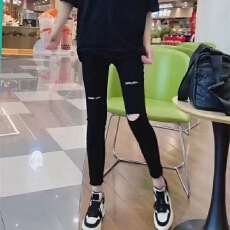 批发官图春夏薄款破洞高腰小脚裤仿牛仔黑色铅笔裤爆款热卖八分九