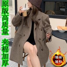 批发爆款复古咖色人字呢西服上衣女冬宽松毛呢时尚百搭显瘦<b class='q'>西装外套</b>