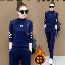 批发<b class='q'>金丝</b>绒休闲运动套装<b class='q'>女</b>士冬季时尚<b class='q'>女</b>装圆领套头加绒加厚保暖两件套