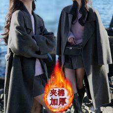 批发美拉德夹棉加厚呢子大衣女秋冬新款韩系宽松高级感中<b class='q'>长款</b>系带外套