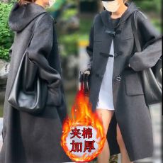 批发夹棉连帽皮扣毛呢大衣女冬季新款韩版中长款阔版韩系加厚外套