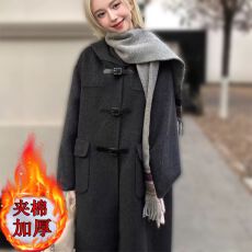 批发2025加厚外套夹棉连帽皮扣毛呢大衣女冬季新款韩版<b class='q'>中长款</b>阔版韩系