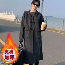 批发2025加厚秋冬季<b class='q'>新款</b>时尚灰色连帽牛角扣口袋毛呢外套宽松呢大衣女