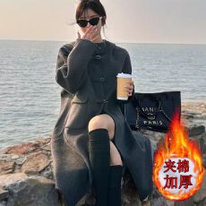 批发灰色牛角扣毛呢外套女中长款2025秋冬<b class='q'>新款</b>小个子加厚连帽呢子大衣