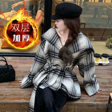 批发2025双面呢子厚新款海军领大衣女秋<b class='q'>冬</b>复古宽松慵懒风格子毛呢外套