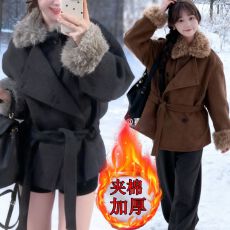 批发加棉韩系高级感气质毛绒拼接加厚<b class='q'>外套</b><b class='q'>女</b>冬季新款百搭显瘦毛呢<b class='q'>大</b>衣