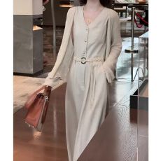 批发2026春秋气质名媛两件套装女防晒针织<b class='q'>外套</b>中年收腰显瘦连衣裙腰带