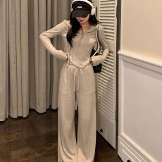 批发休闲流行休闲<b class='q'>套装</b>秋冬季新款纯色拉链短款连帽开衫卫衣两件套女装